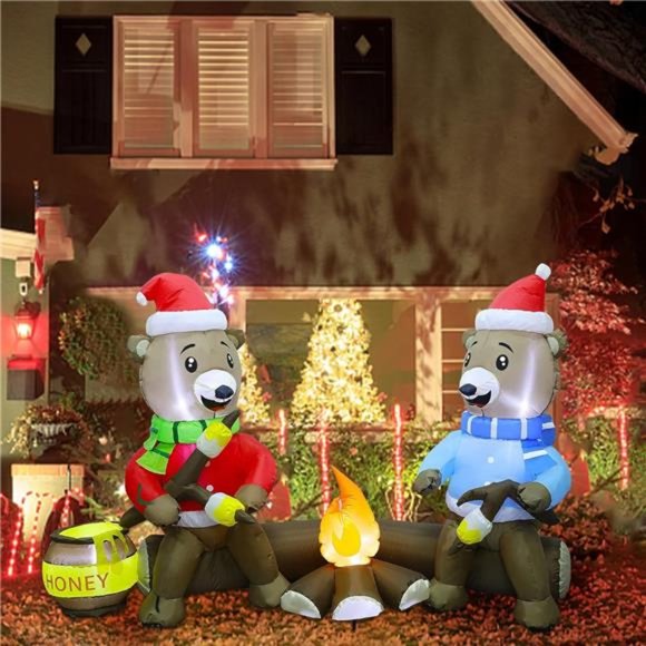 7FT Christmas Inflatable Decorations, Bears Roasting Marshmallows Over Campfire - Picture 2 of 7